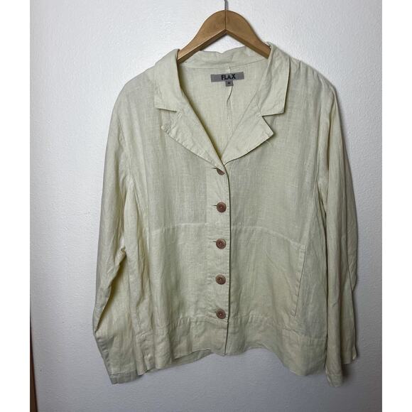 Flax Button Up 100% Linen Shirt Jacket Sz Medium Yellow Lightweight Langenlook - Picture 4 of 8